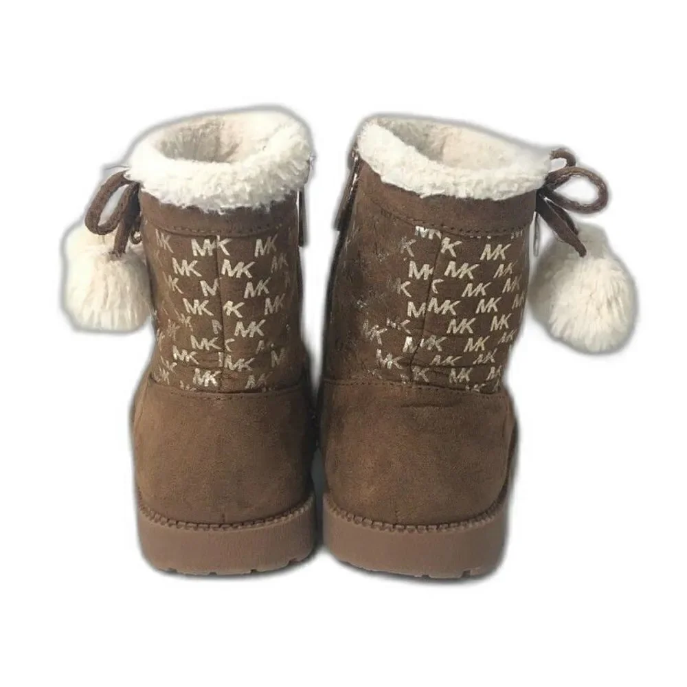 MICHAEL KORS Boots Toddler Size 7 Brown Gold MK Logo Pom Poms Payson